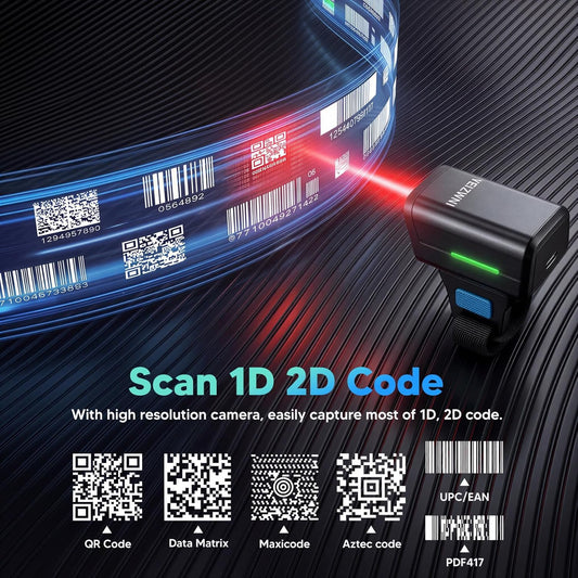 2D Ring Barcode Scanner Ring Finger 1D 2D Mini Bar Code Reader Scanner Bluetooth N 2.4G Wireless N USB Wired Connection, Left N Right Hand Wearable with Android, iOS, iPhone