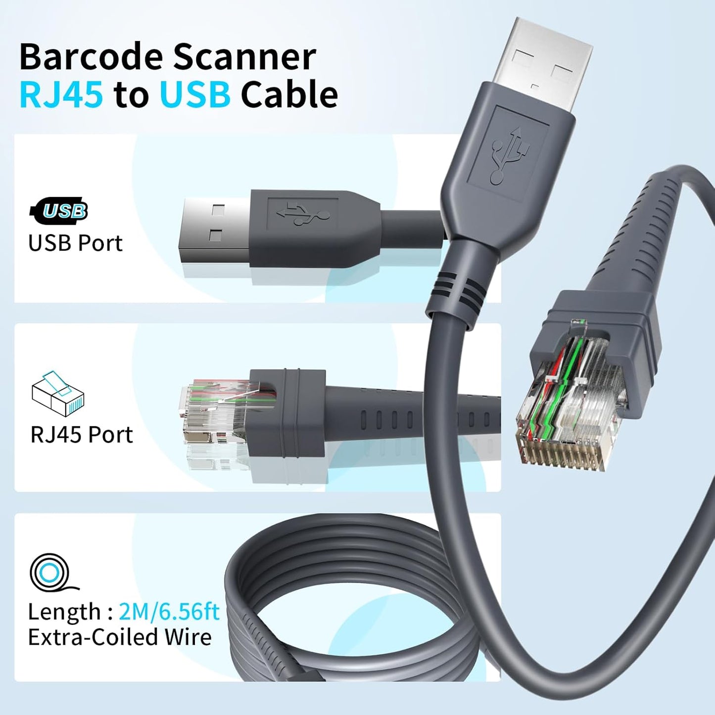 (2PCS) 6.5ft Scanner Charger Cable for Symbol/Motorola DS8108 Scanner Cable LS2208 LS4278 LS3578 DS2208 DS6878 DS9808 DS4208 DS9208 LI4278 USB Cable CBA-U01-S07ZAR