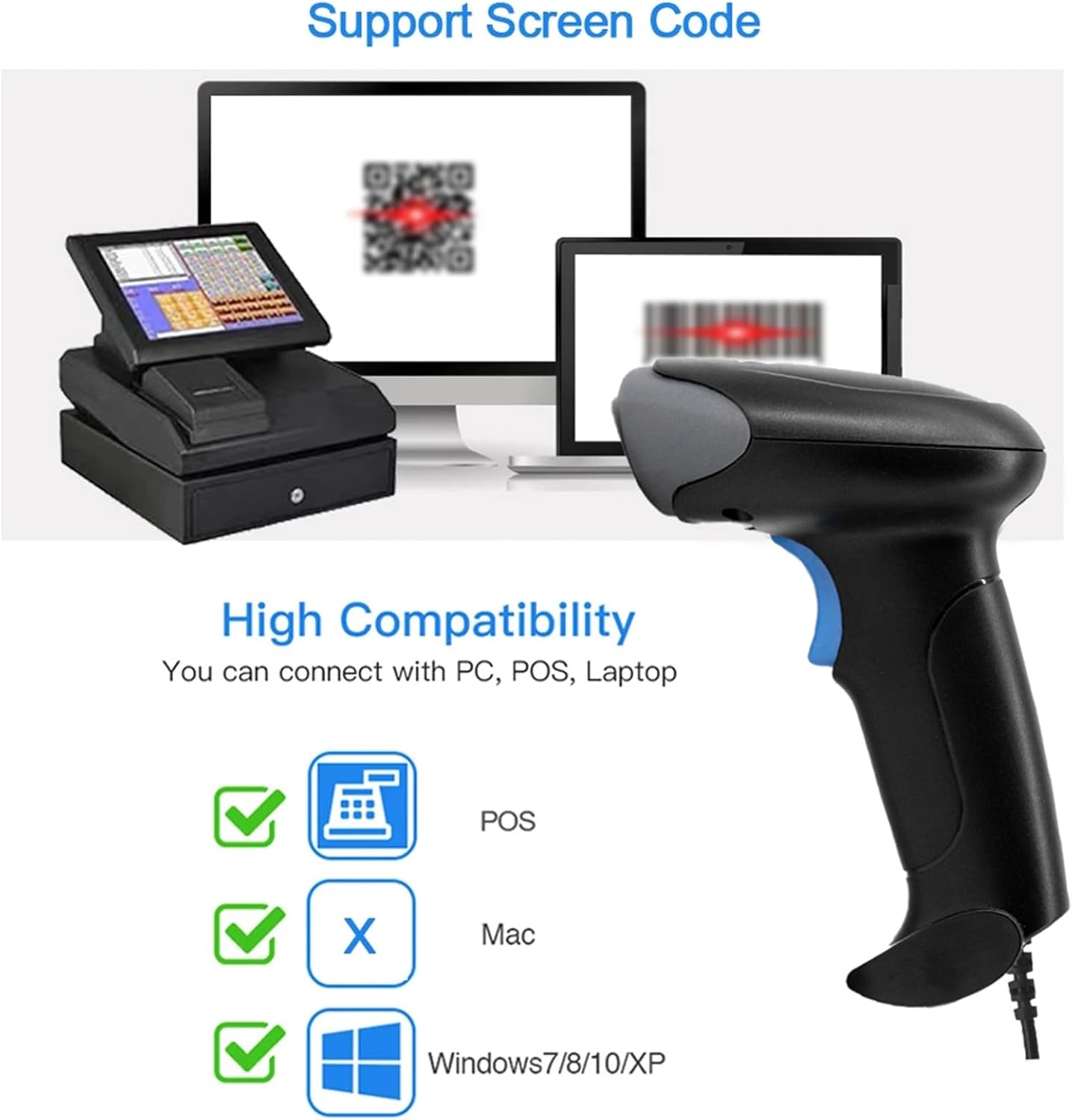 1D 2D Bluetooth Barcode Scanner with 2000mAh Battery, Wireless Handheld QR Code Reader IRechargeable 2.4G Wireless N USB Wired Connection for Supermarket, Warehouse
