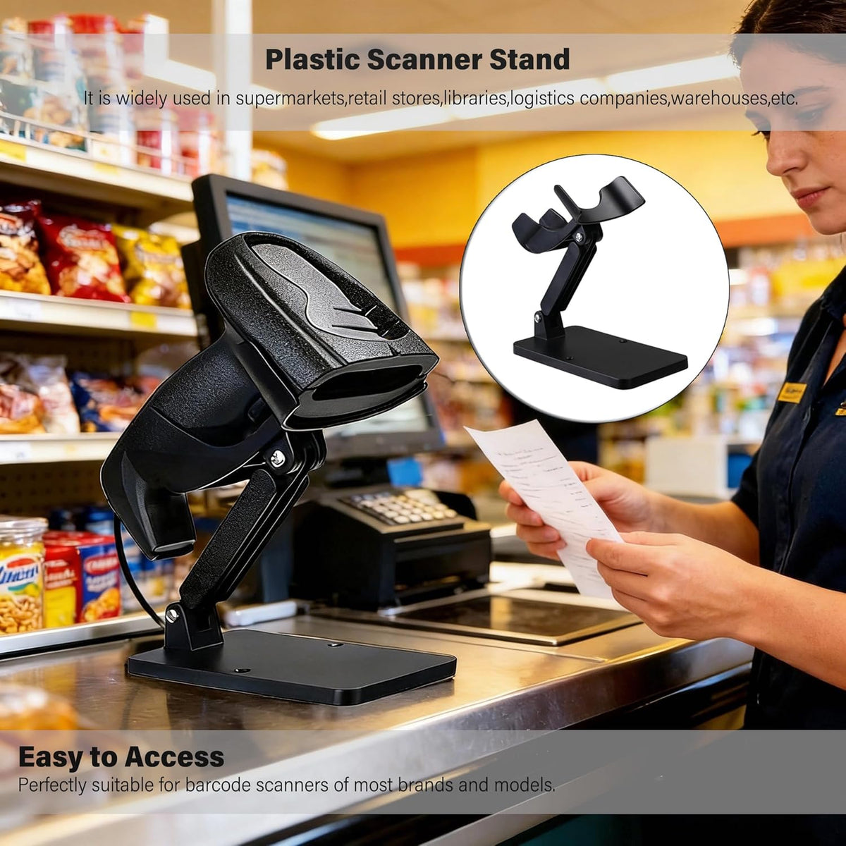 Universal Plastic Scanner Holder, Adjustable Barcode Scanner Stand for Office and Retail Desk Use, Black, Pack of 1