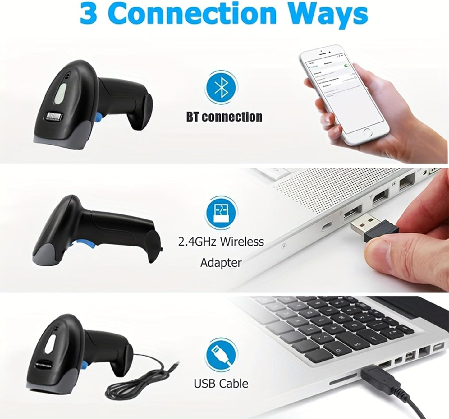 1D 2D Bluetooth Barcode Scanner with 2000mAh Battery, Wireless Handheld QR Code Reader IRechargeable 2.4G Wireless N USB Wired Connection for Supermarket, Warehouse