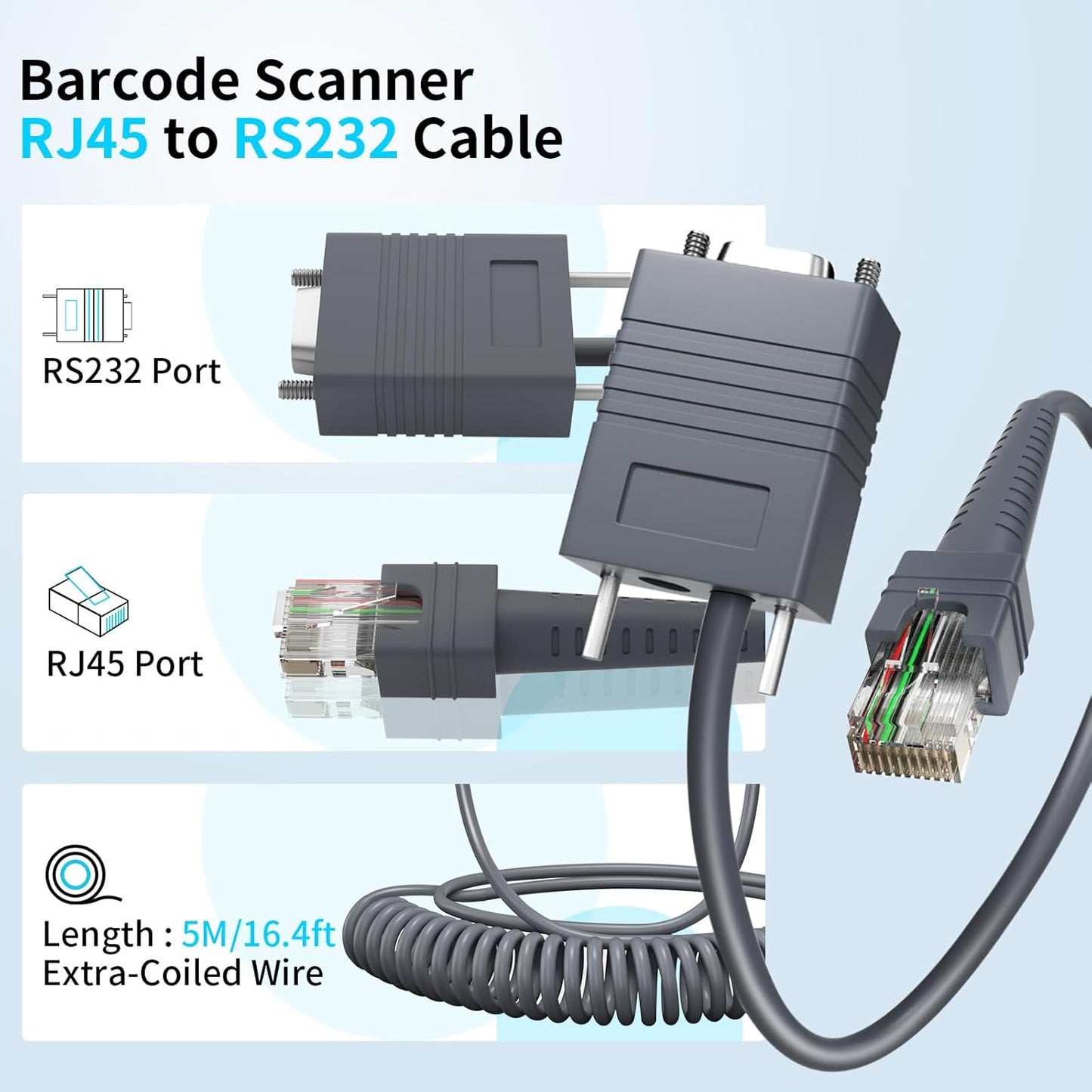 (2PCS) 16.4ft RJ45 to RS232 Barcode Scanner Cable RJ45 for Motorola/Symbol/Zebra DS2208 Cable LS2208 LS4278 LS3578 MC9190-G DS2278SR DS4308 DS6878 DS4208 DS8108 DS8178