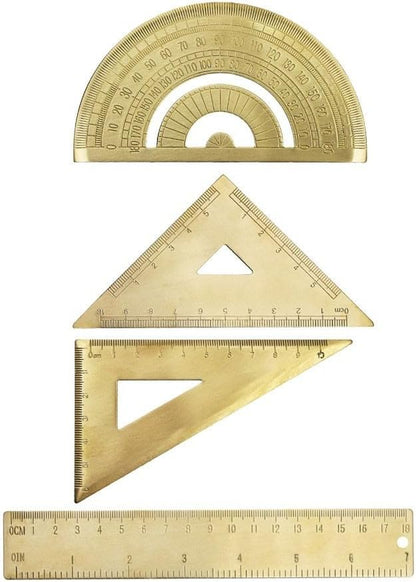 Golden Brass Ruler Set with Isosceles Triangle Protractor and Right Angle Triangle Ruler, for Precision Metal Drafting Tools for Artistic Measuring