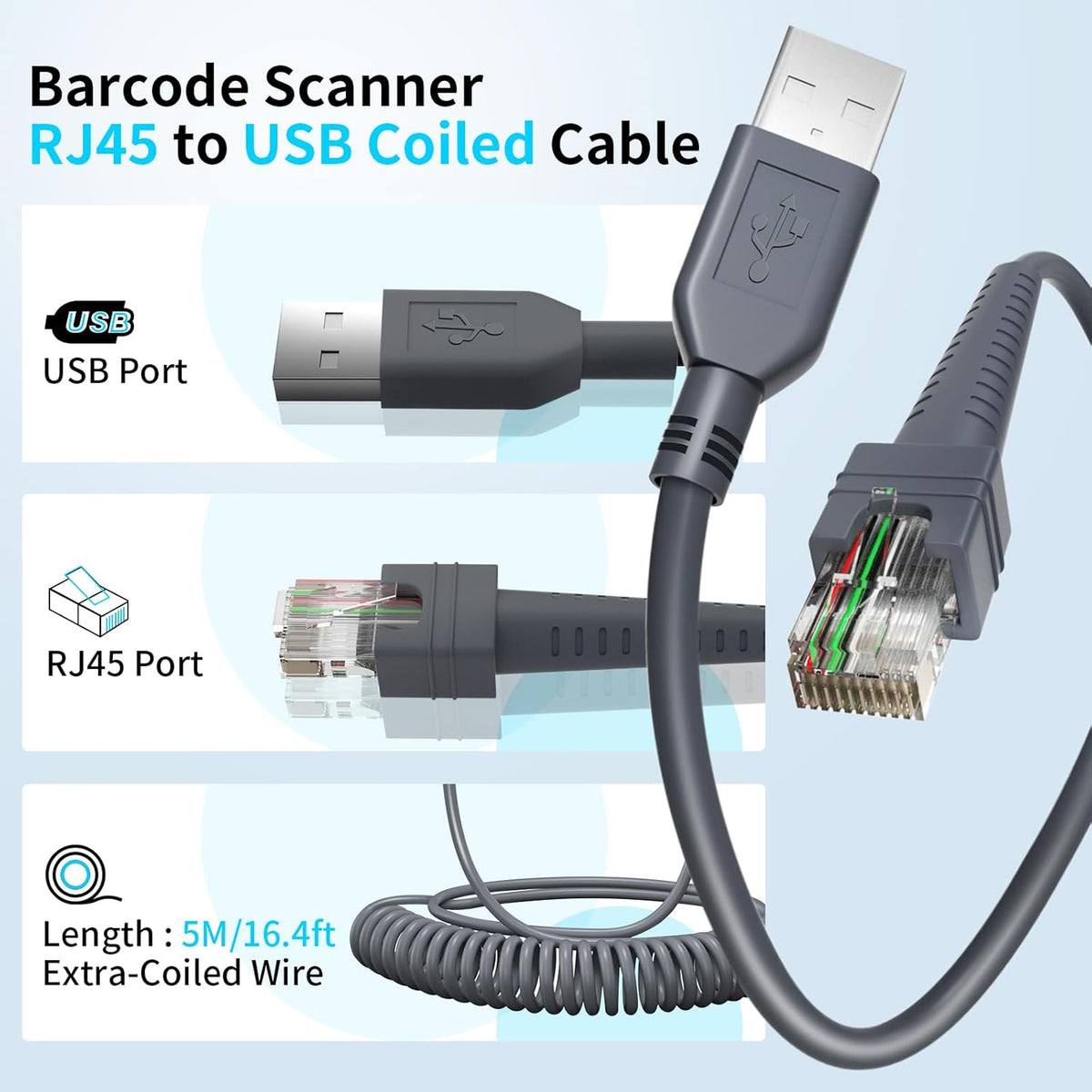 (2PCS) 16.4ft Coiled Scanner Charger Cable for Symbol/Motorola/Zebra DS2208 Cable CBA-U01-S07ZAR LS2208 LS4278 LS3578 DS6878 DS9808 DS4208 DS8108 LI4278 DS9208 USB Cord