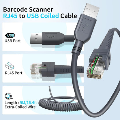(2PCS) 16.4ft Coiled Scanner Charger Cable for Symbol/Motorola/Zebra DS2208 Cable CBA-U01-S07ZAR LS2208 LS4278 LS3578 DS6878 DS9808 DS4208 DS8108 LI4278 DS9208 USB Cord
