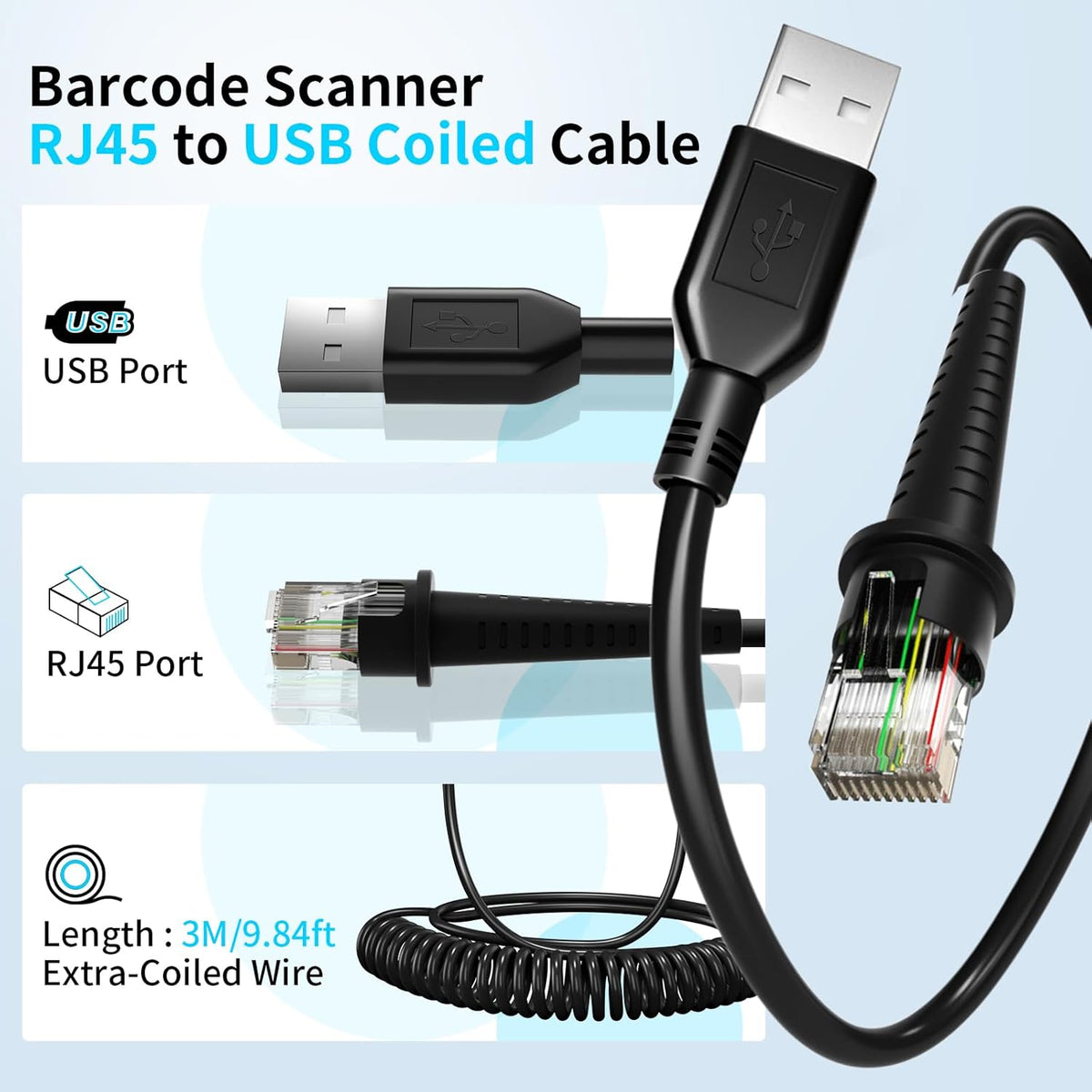 (2PCS) 9.84ft Scanner Cable for Honeywell MS9520 MS5145 MS1690 MS1890 MS9524 MS9535 MS9540 MK9540 MS9541 MS9544 MS9590 MS9590i Fusion MS3780 USB Coiled Cable