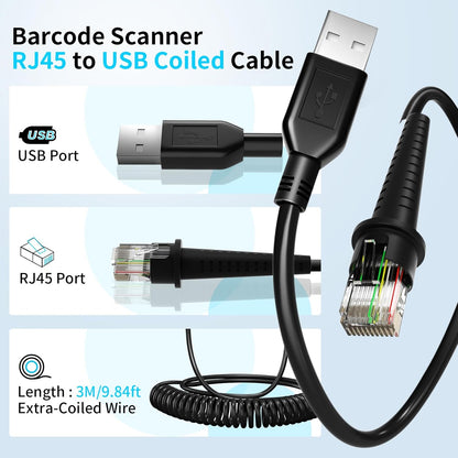 9.84ft Barcode Scanner Cable for Honeywell Scanner Cable MS9520 MS5145 MS1890 MS9524 MS9535 Voyager MS9540 MK9540 MS9541 MS9544 MS9590 MS9590i   USB Cable Coiled Cord