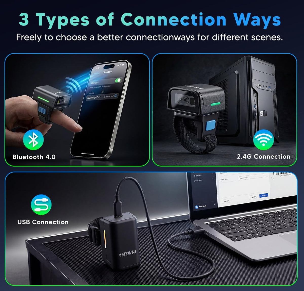 2D Ring Barcode Scanner Ring  Finger 1D 2D Mini Bar Code Reader Scanner Bluetooth N 2.4G Wireless N USB Wired Connection, Left N Right Hand Wearable with Android,iOS,iPhone