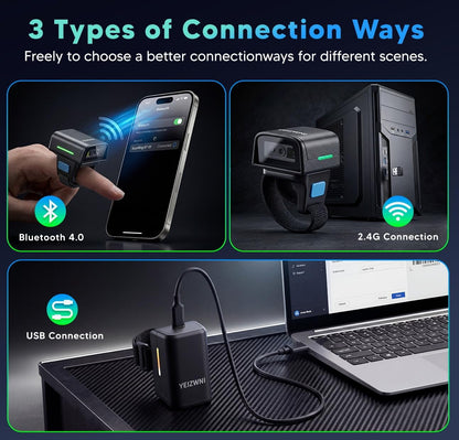 2D Ring Barcode Scanner Ring  Finger 1D 2D Mini Bar Code Reader Scanner Bluetooth N 2.4G Wireless N USB Wired Connection, Left N Right Hand Wearable with Android,iOS,iPhone