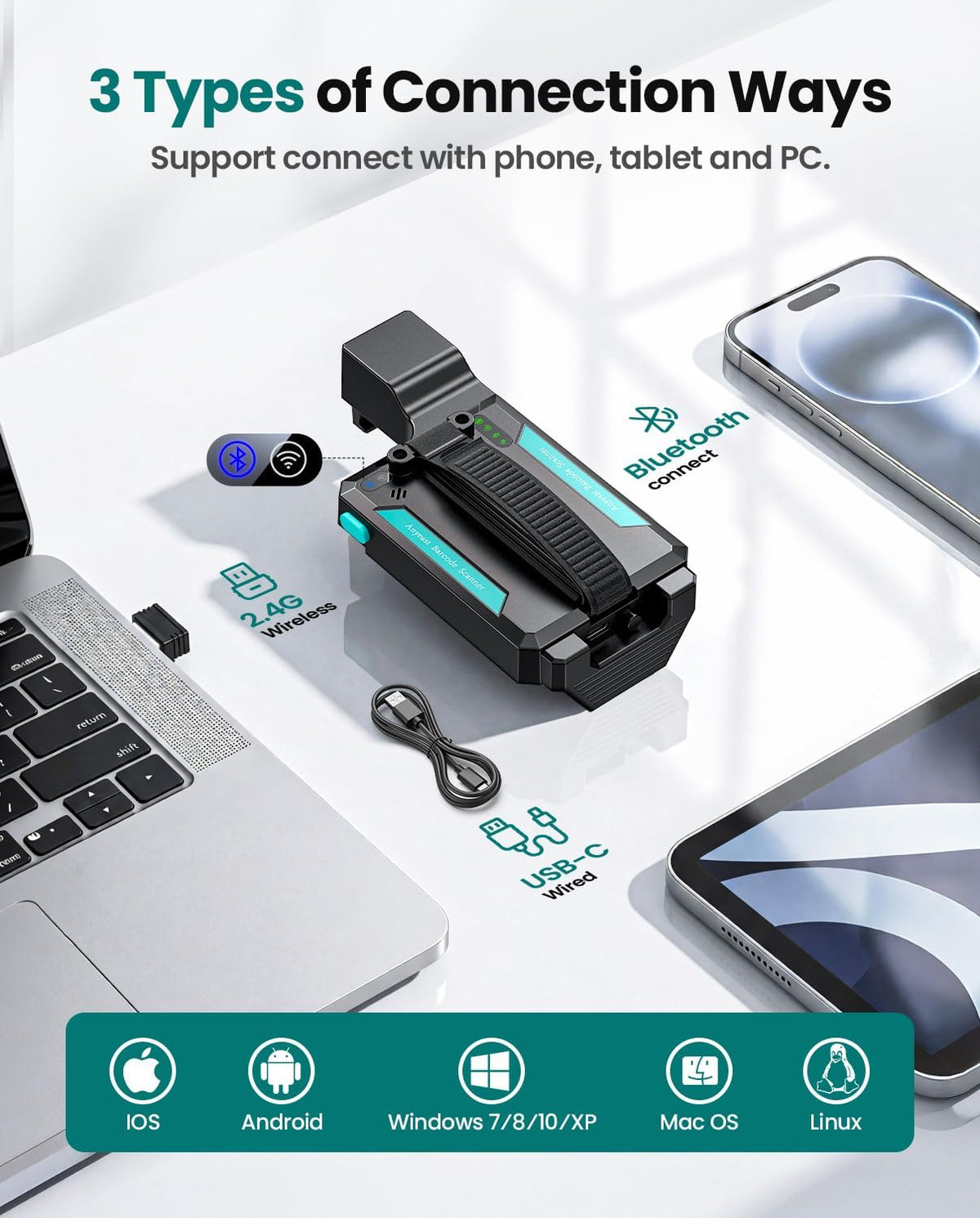 Bluetooth Barcode Scanner Wireless: 2D 1D Scanners  Back ClipUSB Wired and 2.4G QR Bar Code Reader Compatible for UPC ISBN PDF417 Data Matrix for Warehouse Library etc.