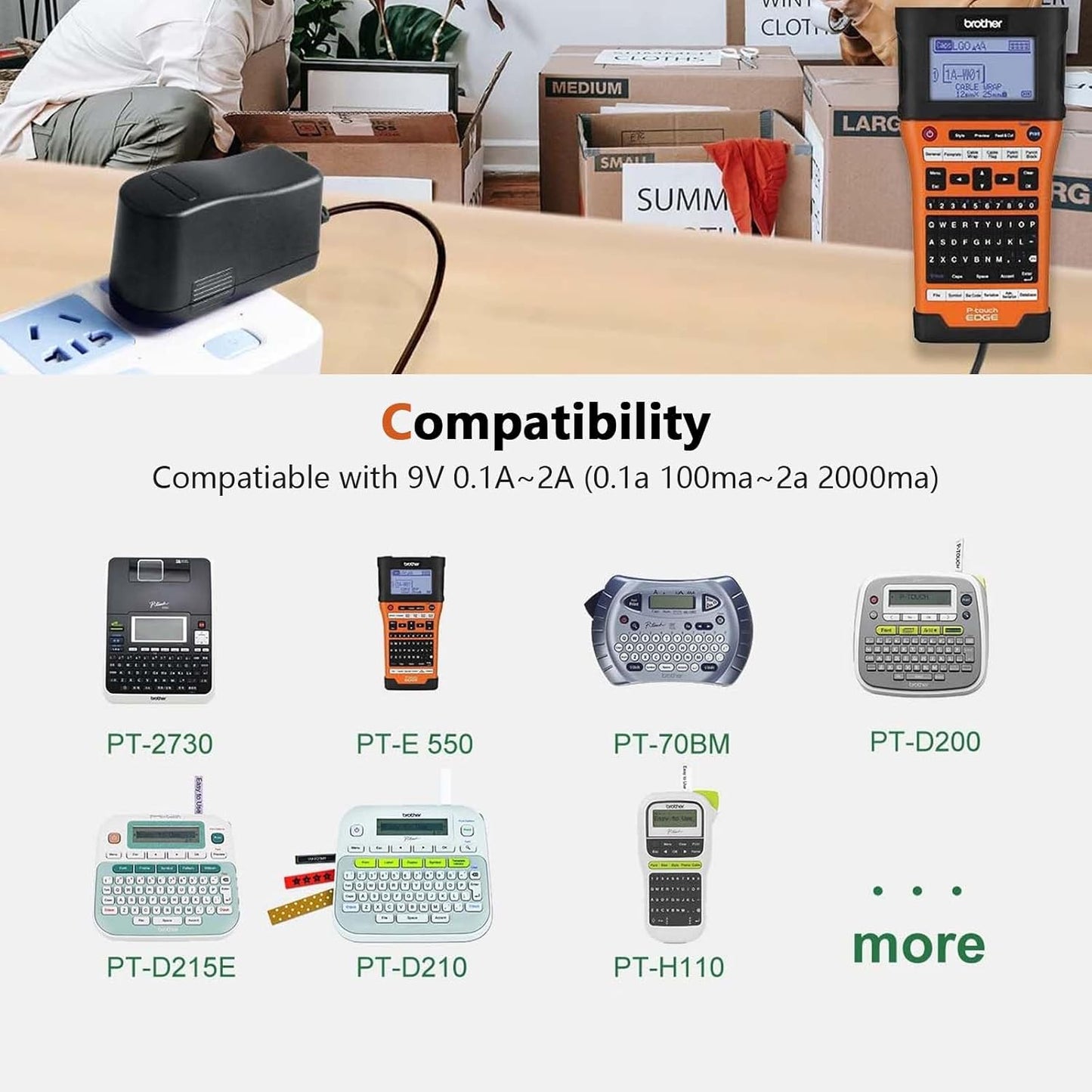 9V 2A AC Power Adapter for Brother P-Touch Label Printers Compatible for PT-D210, PTD220, PT-D200VP, PTH110 - Power Cord Included - Replacement for Brother AD-24, AD-24ES, AD-20