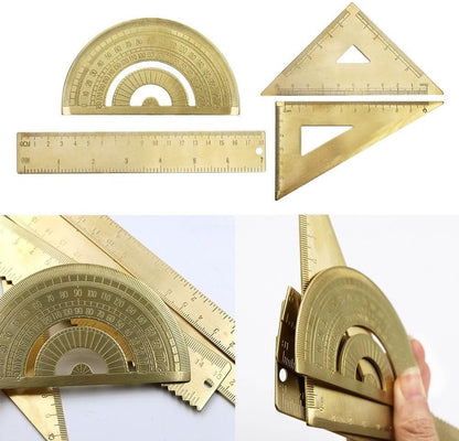 Golden Brass Ruler Set with Isosceles Triangle Protractor and Right Angle Triangle Ruler, for Precision Metal Drafting Tools for Artistic Measuring