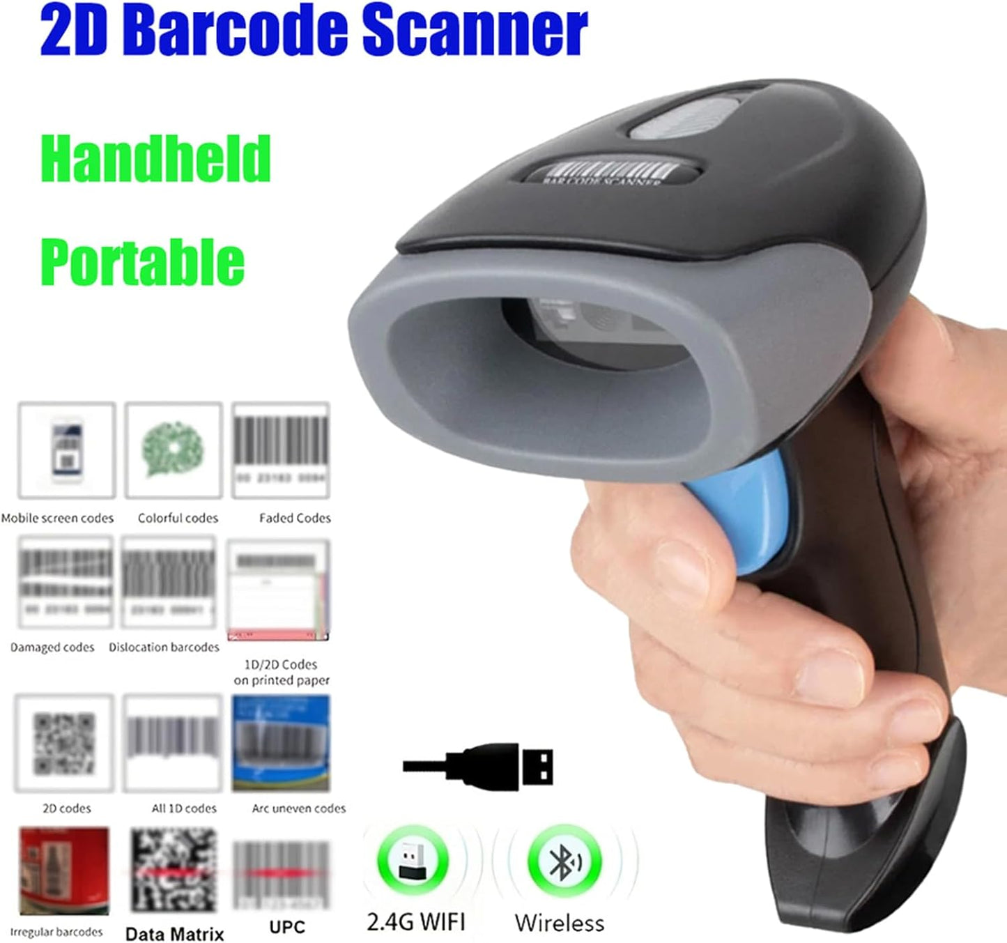 1D 2D Bluetooth Barcode Scanner with 2000mAh Battery, Wireless Handheld QR Code Reader IRechargeable 2.4G Wireless N USB Wired Connection for Supermarket, Warehouse