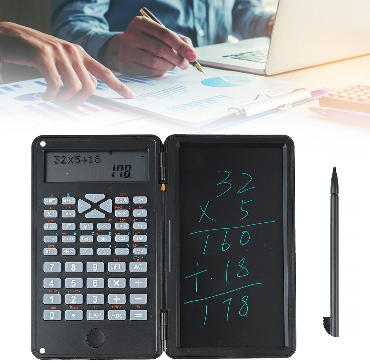 Scientific Calculator Advanced Functions Two Rows LCD Display Writing Tablet Multifunction Desk Calculator Small Size Office School Accountants