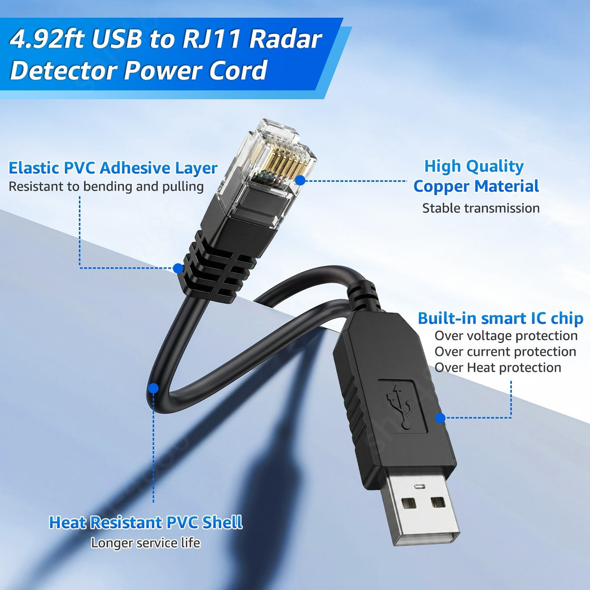 12V USB-C RJ11 Power Cord Cable for Beltronics Valentine One V1 Gen1 Gen2 Radar