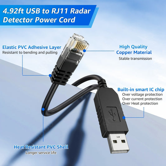 12V USB-C RJ11 Power Cord Cable for Beltronics Valentine One V1 Gen1 Gen2 Radar