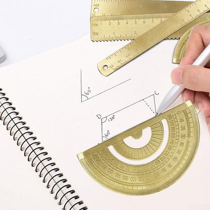 Golden Brass Ruler Set with Isosceles Triangle Protractor and Right Angle Triangle Ruler, for Precision Metal Drafting Tools for Artistic Measuring