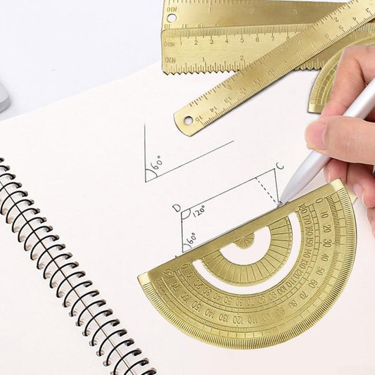 Golden Brass Ruler Set with Isosceles Triangle Protractor and Right Angle Triangle Ruler, for Precision Metal Drafting Tools for Artistic Measuring