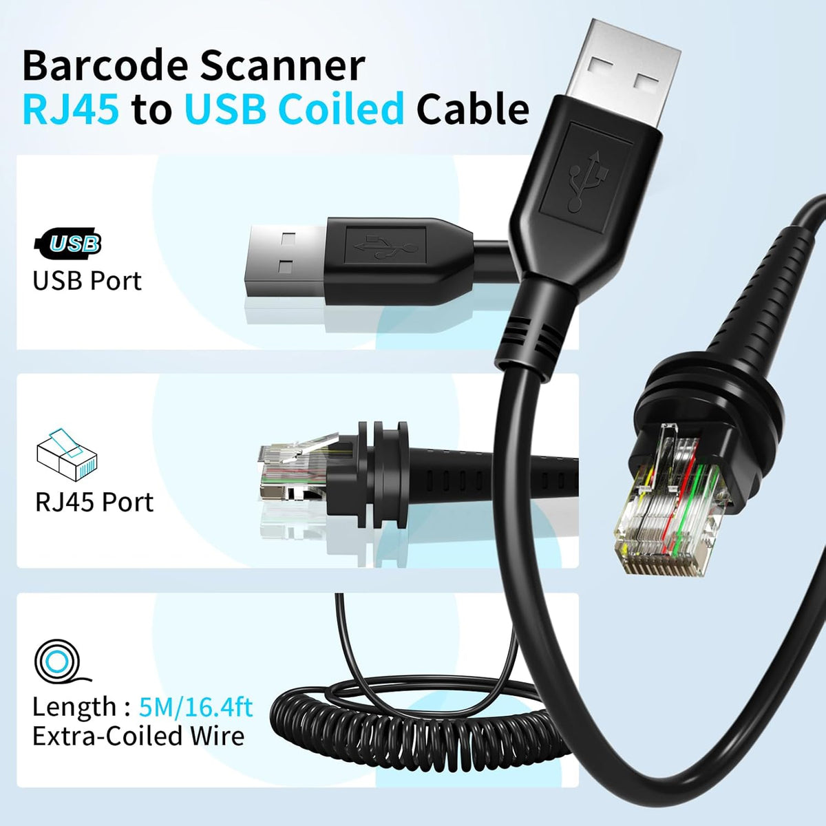 16.4ft Scanner Cable RJ45 Coiled Scanner Cable for Honeywell 1200G Cable 1202G 1250G 1300G 1400G 1500G 1900G-HD  1452G 1911i 1980i 1981i-FR CBL-500-300-S00 USB Cord