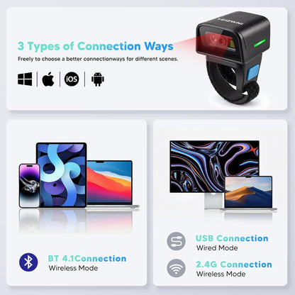 2D Ring Barcode Scanner Ring  Finger 1D 2D Mini Bar Code Reader Scanner Bluetooth N 2.4G Wireless N USB Wired Connection, Left N Right Hand Wearable with Android,iOS,iPhone