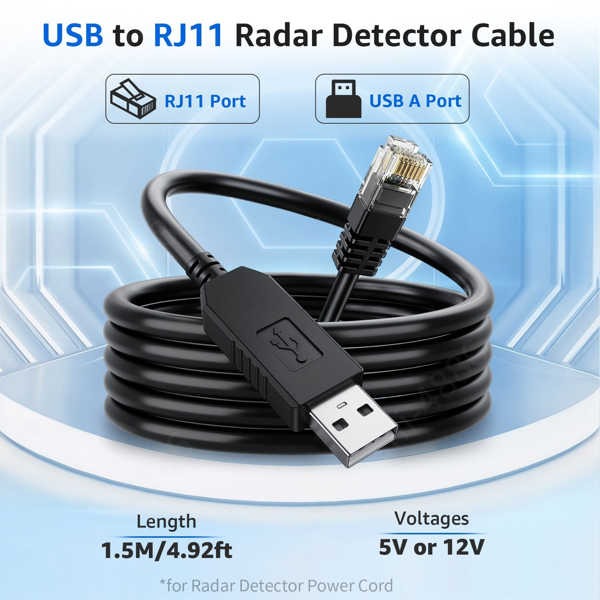 12V USB-C RJ11 Power Cord Cable for Beltronics Valentine One V1 Gen1 Gen2 Radar