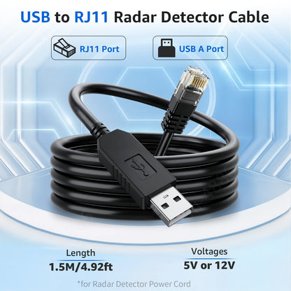 12V USB-C RJ11 Power Cord Cable for Beltronics Valentine One V1 Gen1 Gen2 Radar