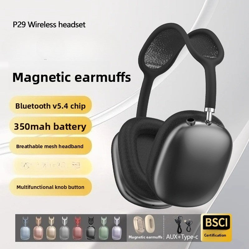 P29MAX Wireless Bluetooth Headset, Wired, Extra Long Battery Life, Type-C, Magnetic Earmuffs, Mesh Head Arch, Knob Button