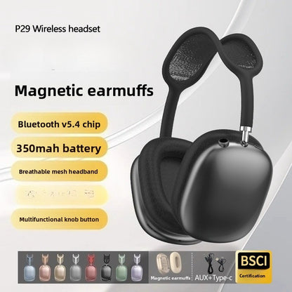 P29MAX Wireless Bluetooth Headset, Wired, Extra Long Battery Life, Type-C, Magnetic Earmuffs, Mesh Head Arch, Knob Button