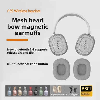 P29MAX Wireless Bluetooth Headset, Wired, Extra Long Battery Life, Type-C, Magnetic Earmuffs, Mesh Head Arch, Knob Button