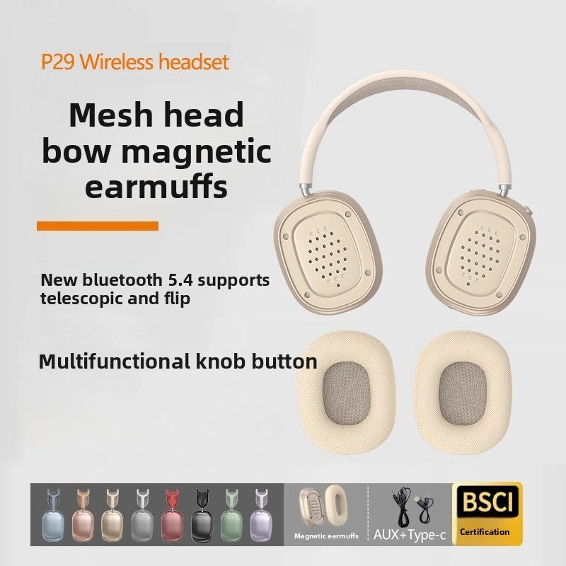 P29MAX Wireless Bluetooth Headset, Wired, Extra Long Battery Life, Type-C, Magnetic Earmuffs, Mesh Head Arch, Knob Button
