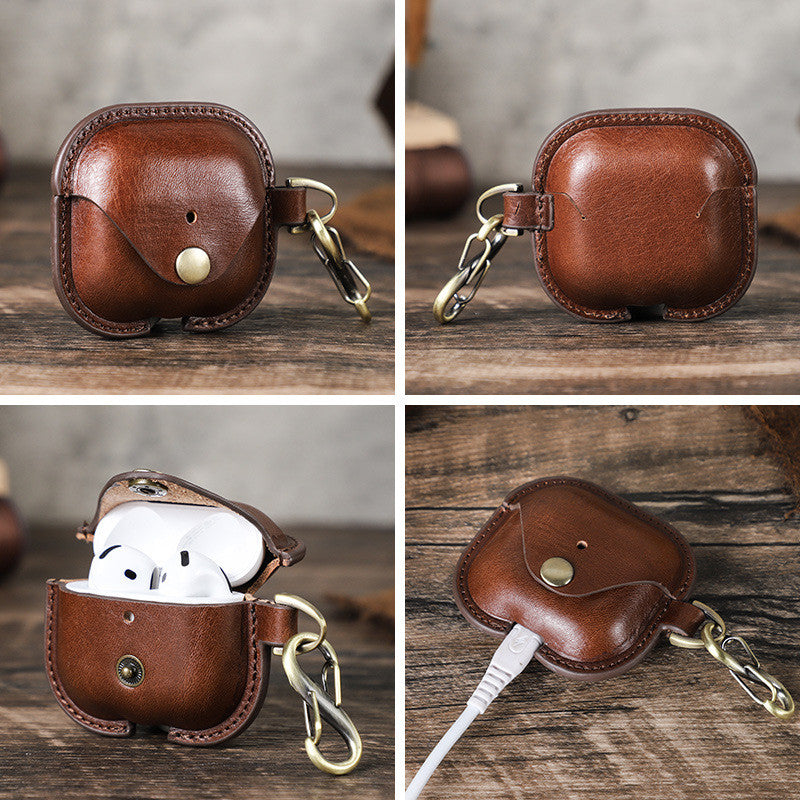 Applicable to the new airpods4 cowhide earphone cover, snap buckle all-inclusive anti-drop Apple 4th generation Bluetooth earphone cover.